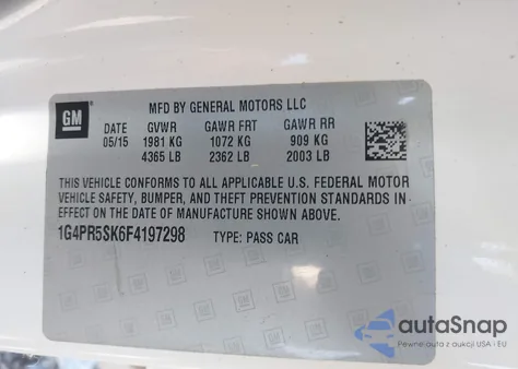 2015 Buick Verano Convenience Group из США, поврежденный, VIN 1G4PR5SK6F4197298